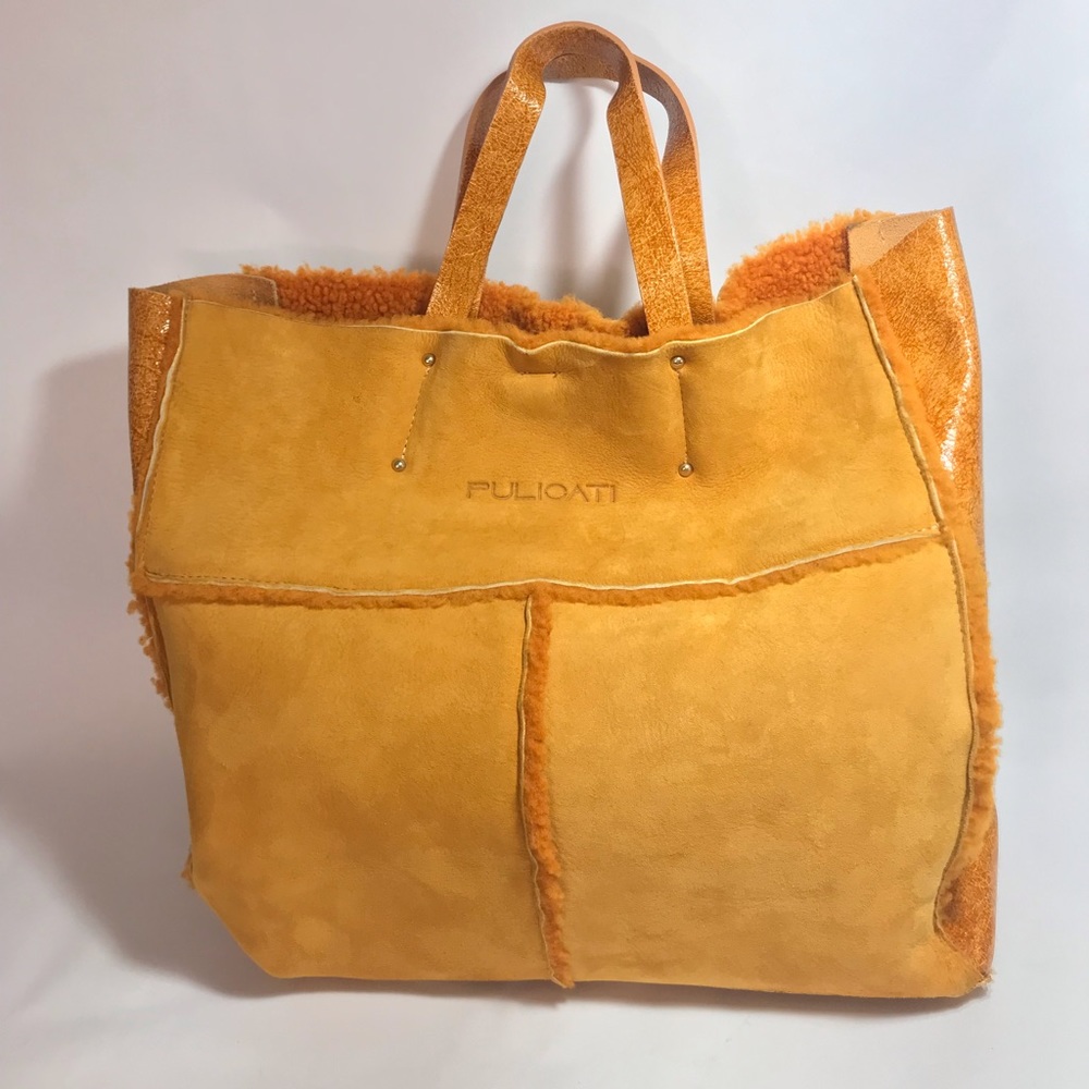 Pulicati Made in Italy Orange Suede Leather Shearling Lined Tote Bag